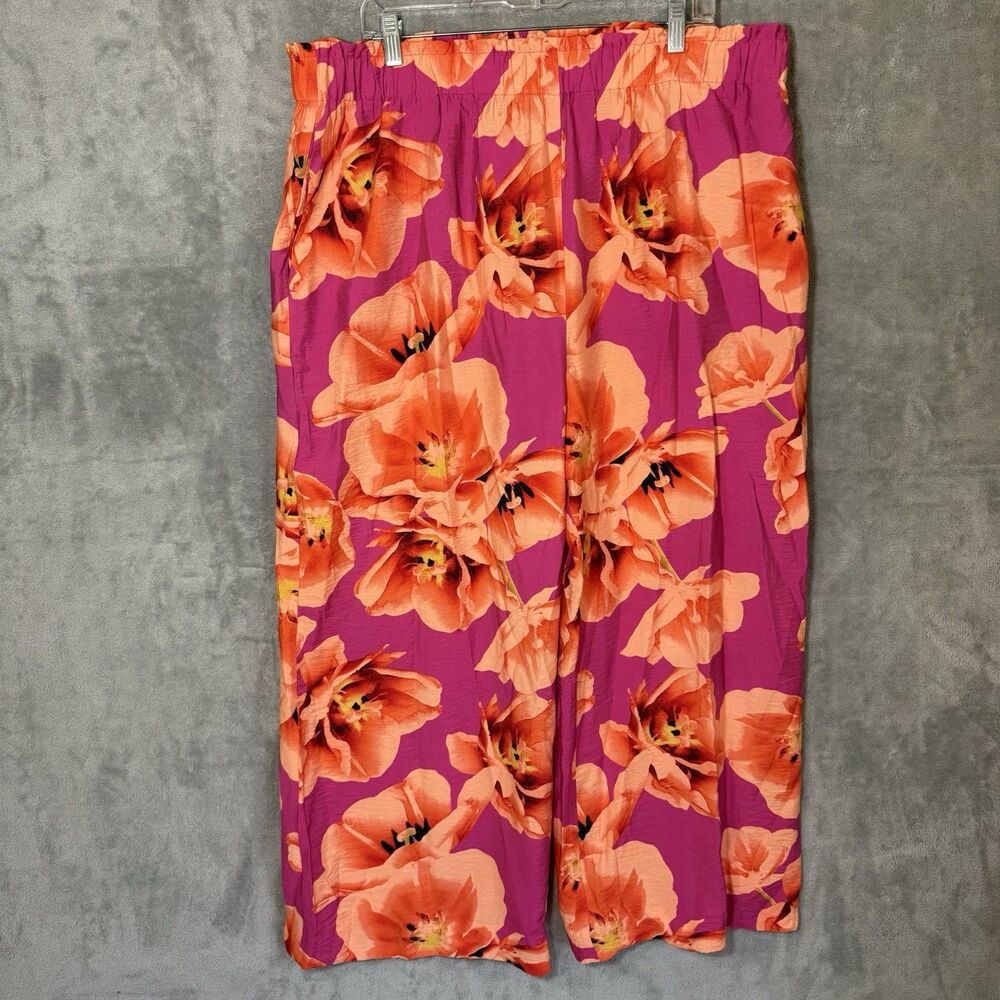 Chico's Floral Pants 4T Tall Wide Leg Pockets Beachy Pink Orange Flowy Resort - Picture 2 of 10